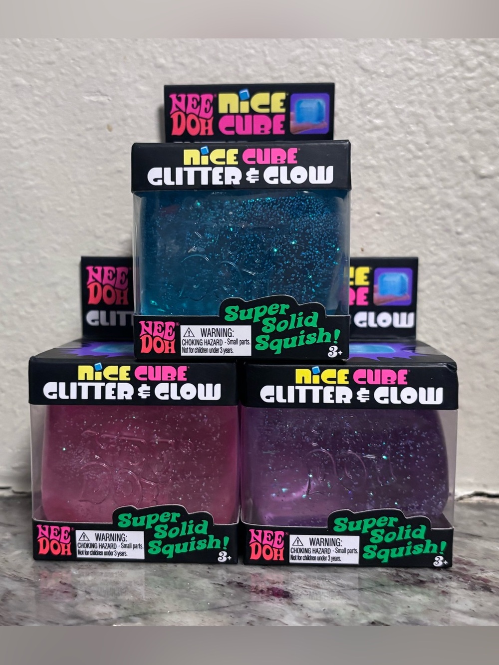NeeDoh Nice Cube Glitter & Glow Complete Set of 3 Pink, Blue & Purple